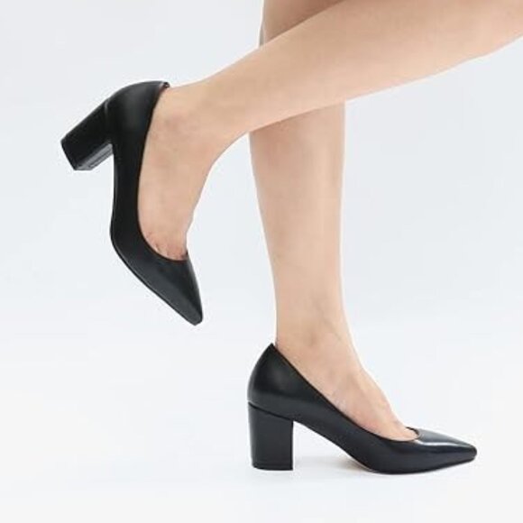 Women's Chunky Block Closed Toe Heels,Slip On  Work /Dress shoes (Black PU) - Picture 4 of 6